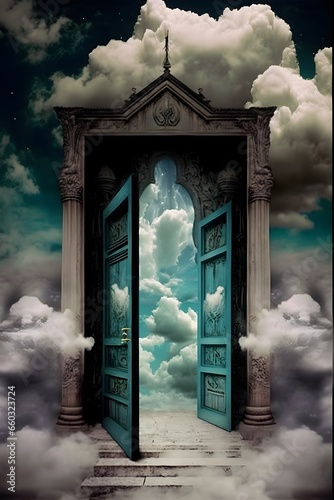 In the foreground door monn sworld in the background clouds music magick sky surrealism hypermaximalist poster grunge epic vibrant colors hyper epic scene madnessinducing HD HDR  photo