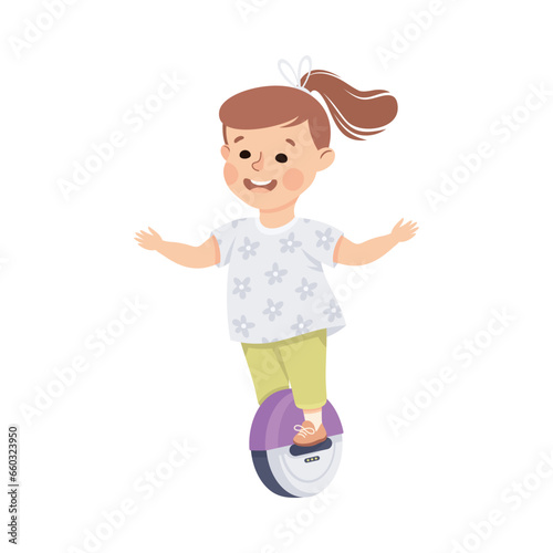 Little Girl Riding Monowheel Using Smart Technology Vector Illustration
