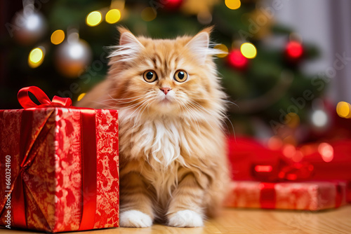 Adorable yellow kitten standing next to Christmas gift bow, bokeh lights in the background, copy space. Winter holiday header. © Katynn