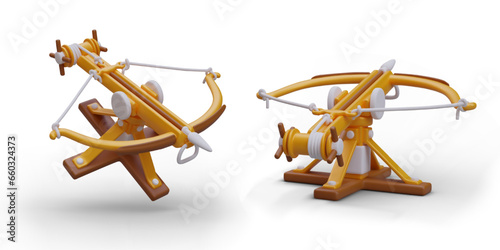 Large medieval crossbow with ground stand. Bowstring is stretched, arrow is cocked. Crossbow bolt. Vector illustration for web games, sites, applications. Detailed image, front and back view