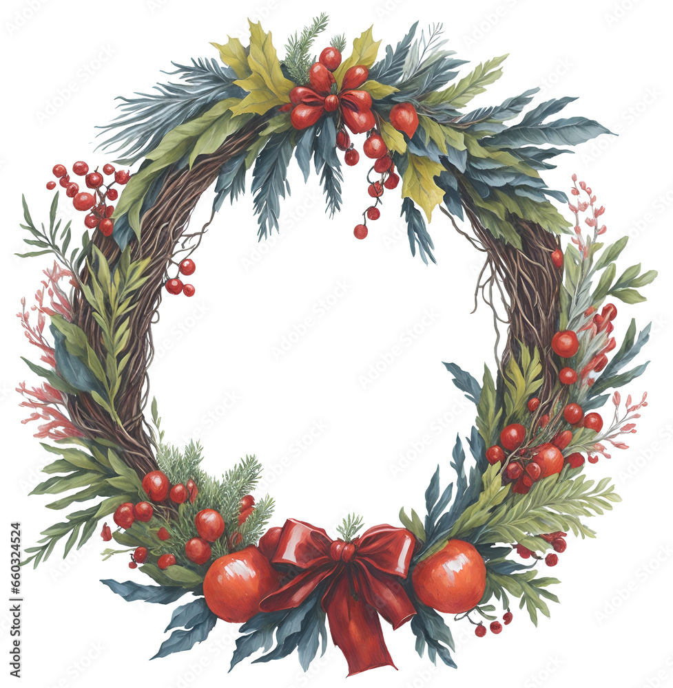 Christmas wreath. Watercolor illustration with holly berries.