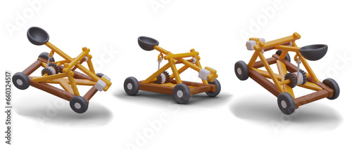 Set of medieval catapults in different positions. Ancient ballistic device. Effective weapon for long range combat. Wooden catapult with empty bucket. Vector