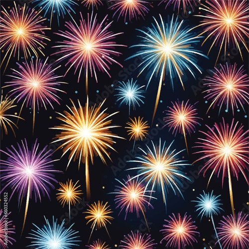 Fireworks display on the night sky in vector illustration. Fireworks Symphony in the Dark