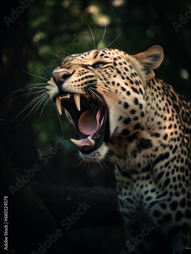 detailed close up portrait of a roaring leopard, generative ai