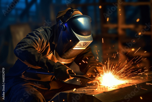 Male welder wearing helmet working with welding torch in factory,