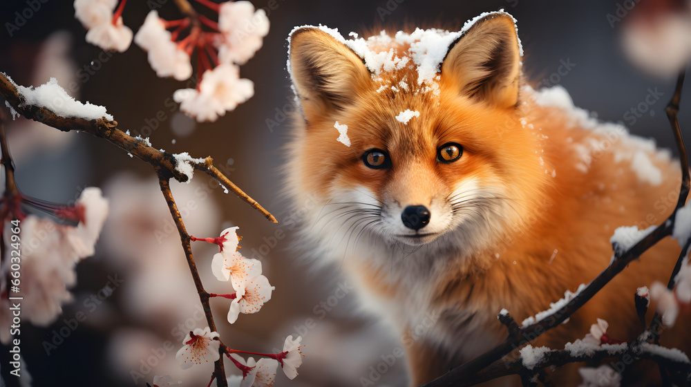 Obraz premium Portrait of young red fox, card for Christmas.