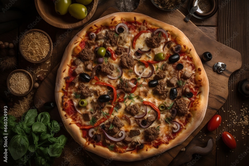 Tasty supreme pizza with olive, generative ai