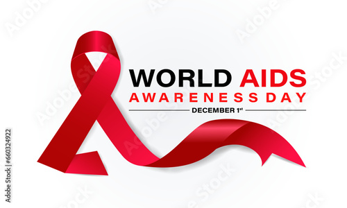 World Aids Day concept with  Red Ribbon. Banner with realistic . 1st December  Background, banner, card, poster, template. Vector illustration