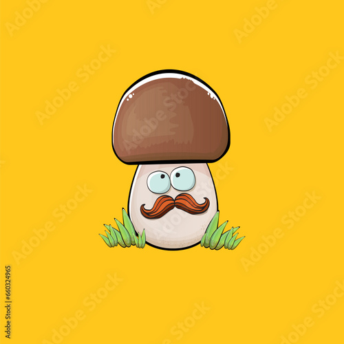 Cartoon mushroom characters isolated on orange background. Funky boletus character with eyes and mouth. Vector white mushroom with brown cap clip art, emoji, label and sticker