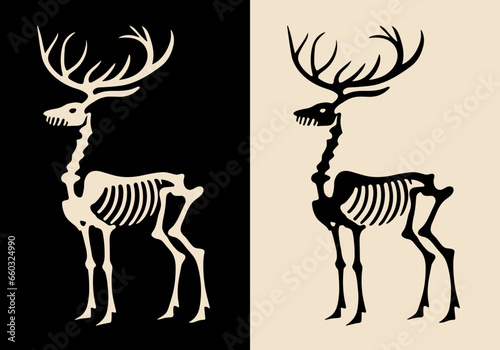 Reindeer skeleton illustration for gothic Christmas decorations. Creepy holiday season dark academia aesthetic. Minimalist vector illustration for printable products.