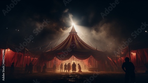 A chilling circus tent with ghostly performers and eerie music.