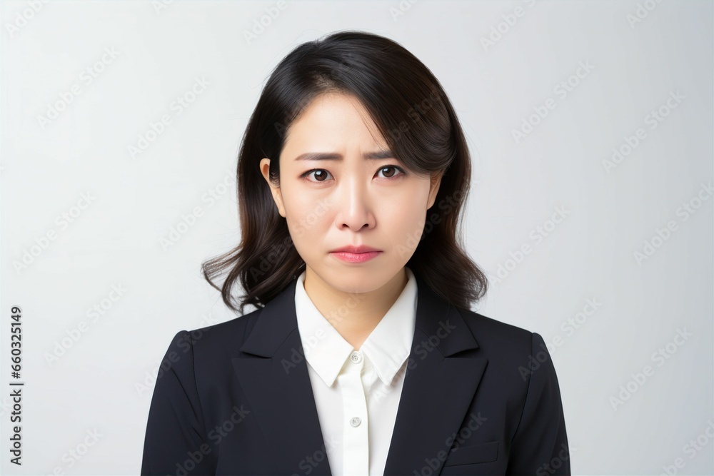 憂鬱な日本人の女性ミドルビジネスマンのポートレート写真(白背景・サラリーマン・スーツ・上司・起業家・経営者) 憂鬱な日本人の女性ミドルビジネスマンのポートレート写真(白背景・サラリーマン・スーツ・上司・起業家・経営者)