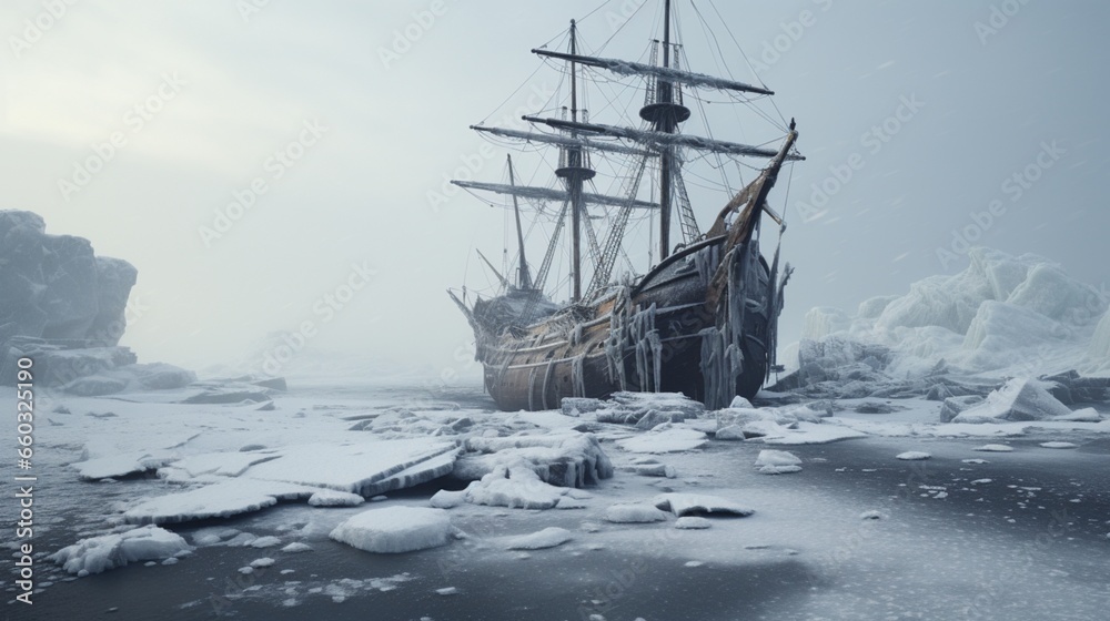 Obraz premium A ghostly shipwreck on a snowy shore, cursed for eternity.