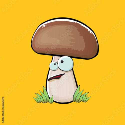 Cartoon mushroom characters isolated on orange background. Funky boletus character with eyes and mouth. Vector white mushroom with brown cap clip art, emoji, label and sticker