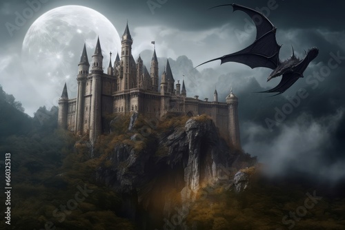 Dragon castle fantasy on rock. Sky lights fog on old stone bridge. Generate Ai