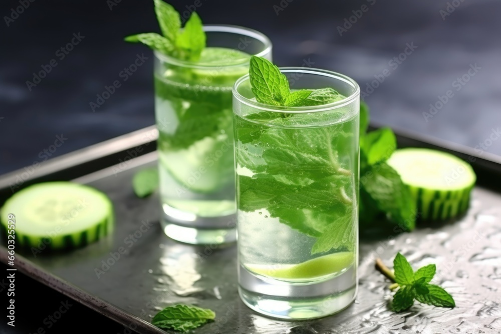 close-up view of cucumber slices and mint in a clear glass close-up view of cucumber slices and mint in a clear glass