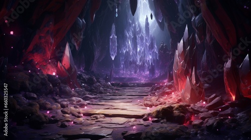 A hidden cave filled with glowing crystals and ancient secrets. photo