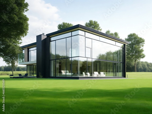 A very modern, luxurious house somewhere in the countryside. Building with large glass windows and green grass.