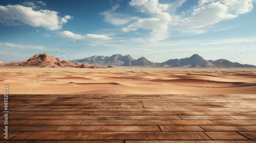 Wooden Floor Display with Expansive Desert Background