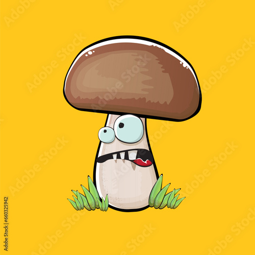 Cartoon mushroom characters isolated on orange background. Funky boletus character with eyes and mouth. Vector white mushroom with brown cap clip art, emoji, label and sticker
