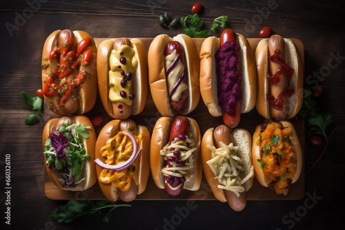 Various hot dog on wooden board, street food, truck ad banner, top view, generative ai
