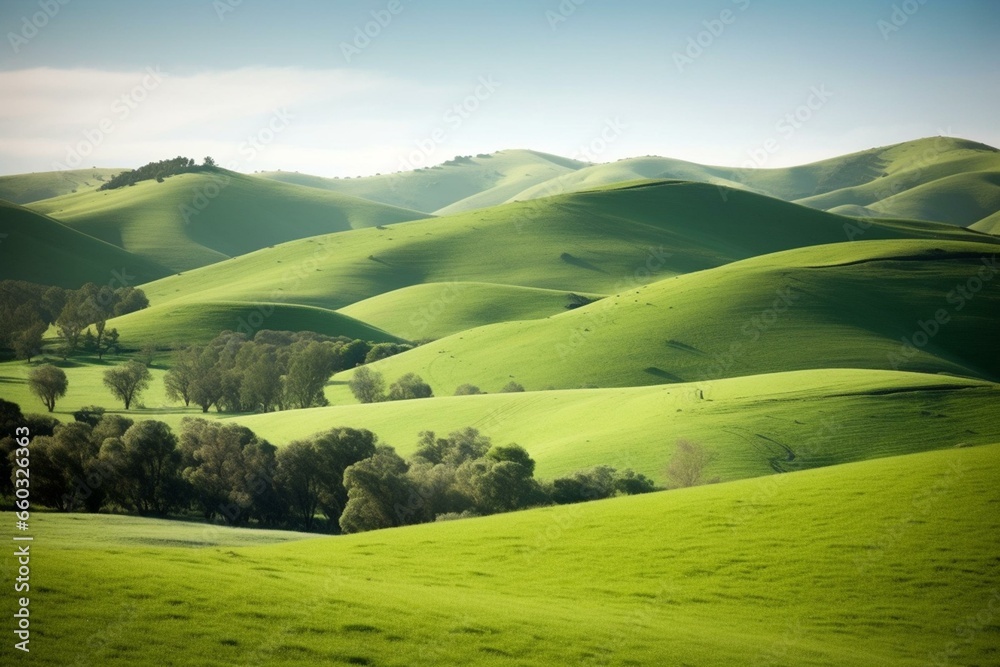 A tranquil landscape of rolling green hills. Generative AI