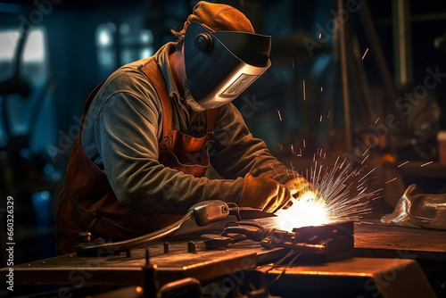 Man using welding torch to cut metal sheet in workshop