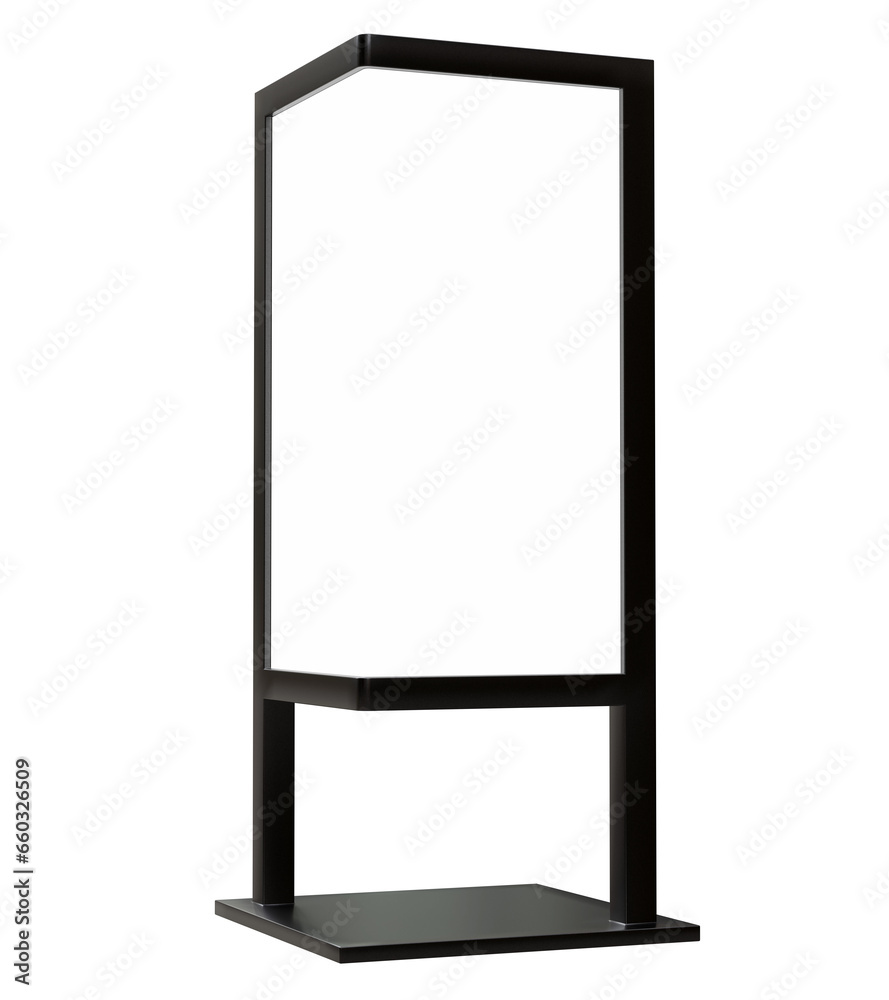 Two display blank advertisement signs isolated on white background. mockup of street store template signboard , Metal cafe restaurant bar plastic badge black white, 3D illustration.