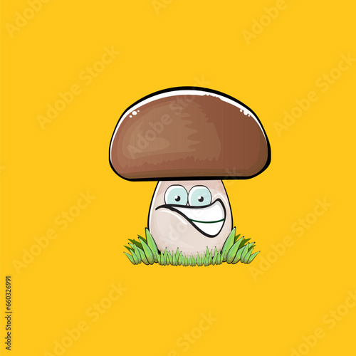 Cartoon mushroom characters isolated on orange background. Funky boletus character with eyes and mouth. Vector white mushroom with brown cap clip art, emoji, label and sticker