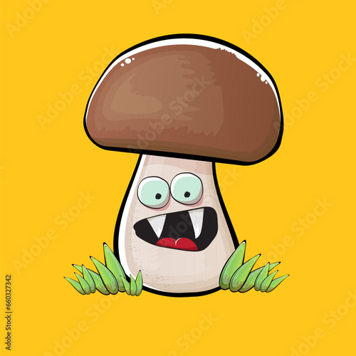 Cartoon mushroom characters isolated on orange background. Funky boletus character with eyes and mouth. Vector white mushroom with brown cap clip art, emoji, label and sticker