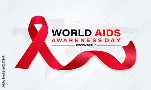 World Aids Day concept with  Red Ribbon. Banner with realistic . 1st December  Background, banner, card, poster, template. Vector illustration