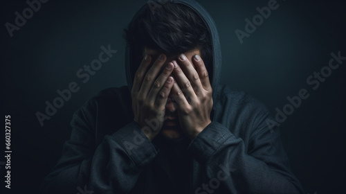 dark portrait of a young man covering his face