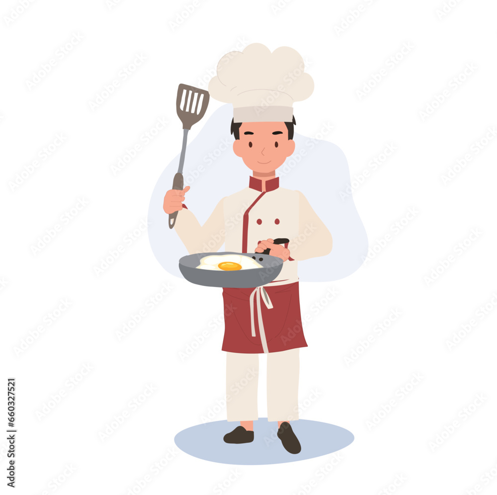 Child Chef Prepares a Delicious fried egg. Kid Chef Cooking with Frying Pan Child Chef Prepares a Delicious fried egg. Kid Chef Cooking with Frying Pan