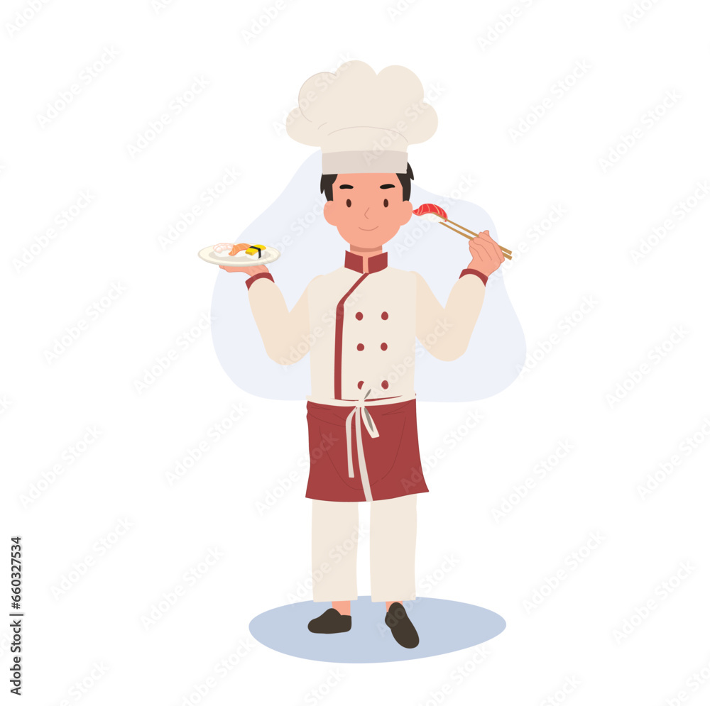 Cute Kid Chef Enjoying Sushi with Chopsticks. Adorable Child Chef Eating Sushi Cute Kid Chef Enjoying Sushi with Chopsticks. Adorable Child Chef Eating Sushi