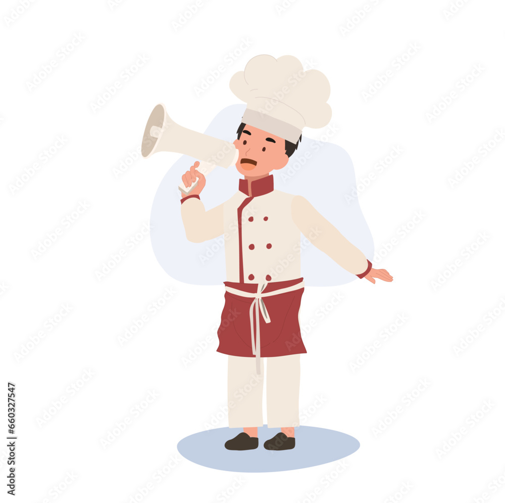 cute Child Cook in Chef Uniform Making Announcement with Megaphone cute Child Cook in Chef Uniform Making Announcement with Megaphone
