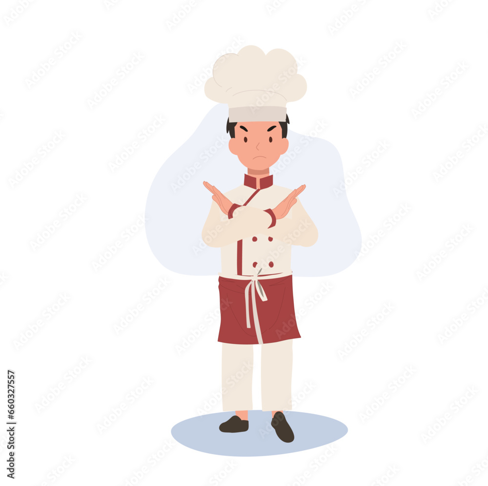 Adorable Kid Chef Refusal. Young Chef Rejecting, Cute Kid Chef with X-arm Gesture Adorable Kid Chef Refusal. Young Chef Rejecting, Cute Kid Chef with X-arm Gesture