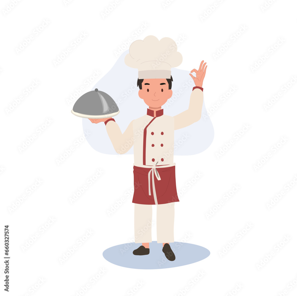Adorable Child Chef in Chef Hat Doing OK Hand Sign. Flat vector cartoon illustration Adorable Child Chef in Chef Hat Doing OK Hand Sign. Flat vector cartoon illustration