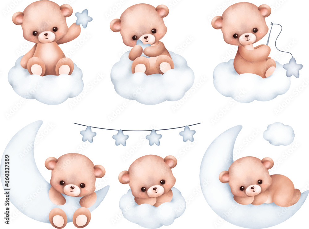 Watercolor Illustration set of Teddy Bear on the cloud Watercolor Illustration set of Teddy Bear on the cloud
