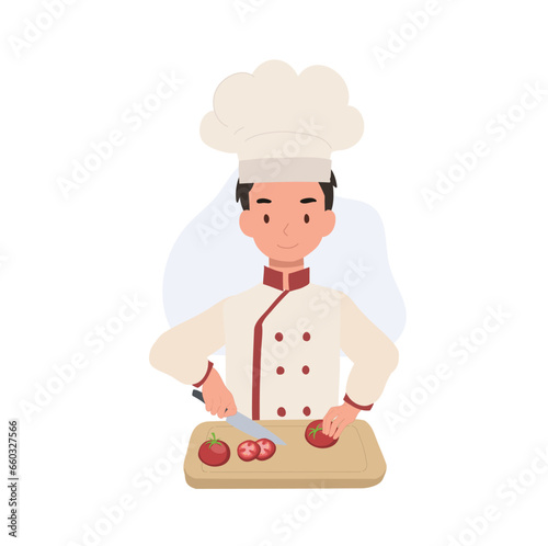 Kid Chef Chopping tomatoes. Cute Kid Chef Illustration