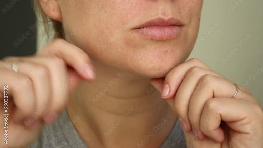 Close up of caucasian woman checking her double chin and doing facial massage 