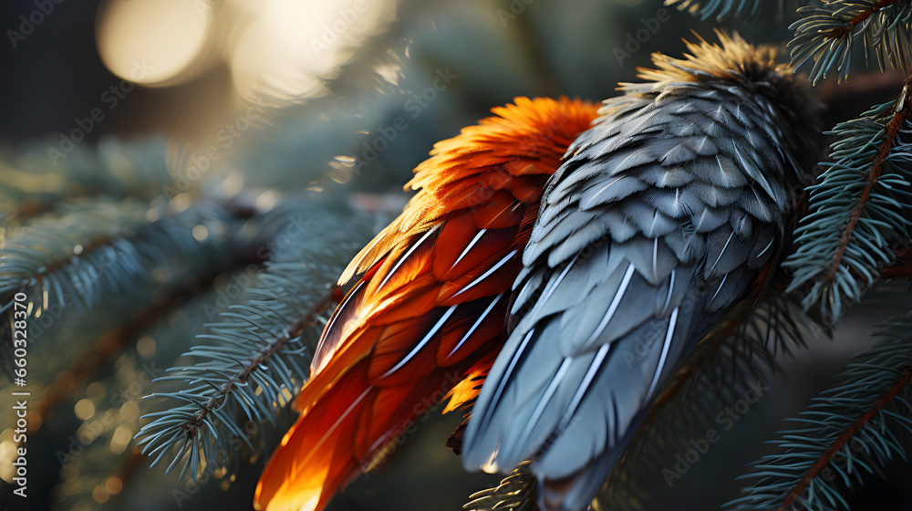 Obraz premium Christmas background. Feathers, christmas lights on blur background