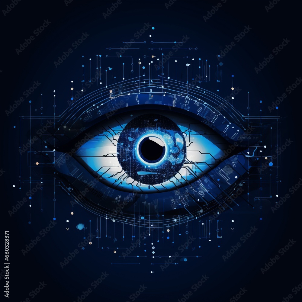 Futuristic polygonal 3d eye made of linear polygons in dark blue color. Modern healthcare, medicine, health, ocular, ophthalmic concept.