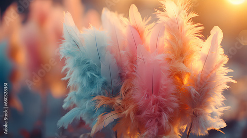 Christmas background. Feathers, christmas lights on blur background