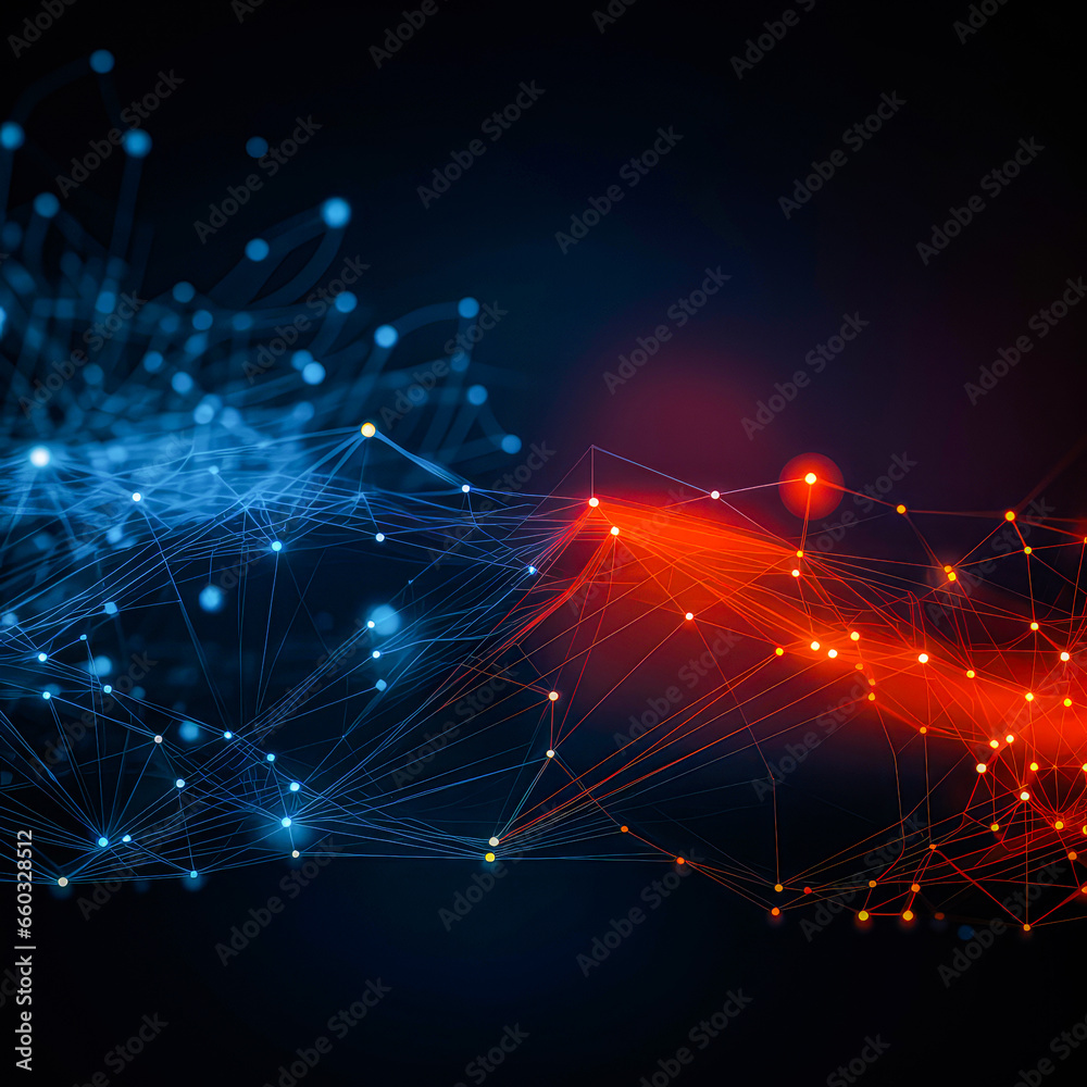 Obraz premium A captivating visualization of science and technology, featuring a dynamic interplay of blue and red lines and dots set against a dramatic black backdrop.