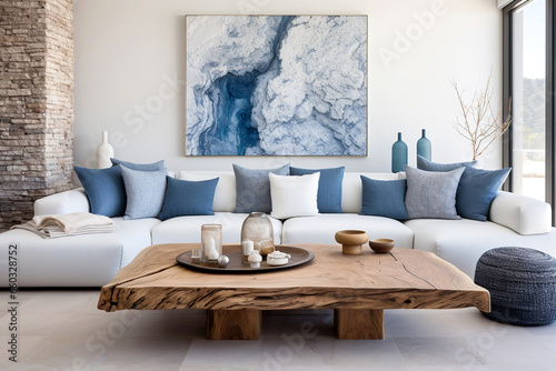 Live edge accent coffee table near white sofa with blue pillows against wall with big poster frame. Coastal home interior design of modern living room. photo