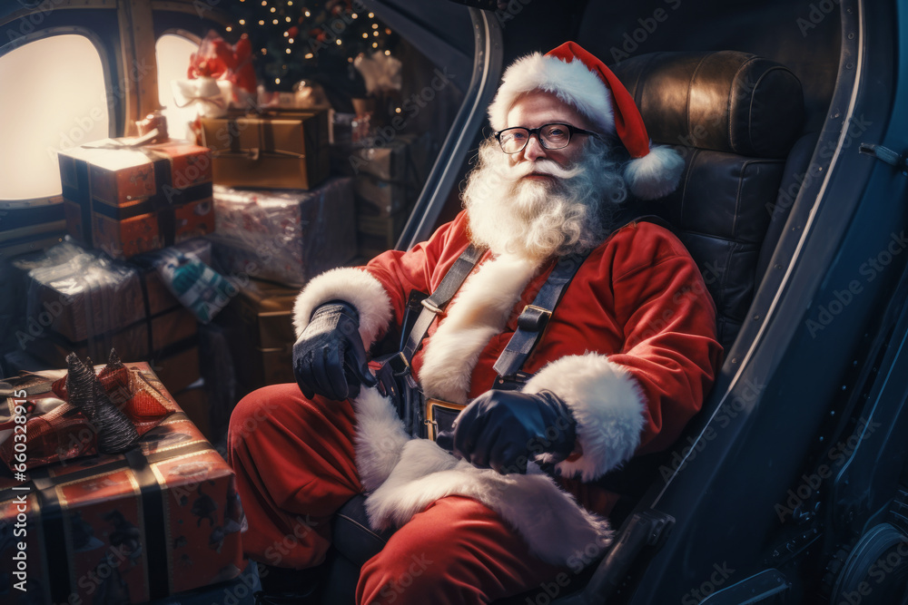 Obraz premium Santa Clause sitting in the helicopter full of Christmas gift boxes. Christmas shopping