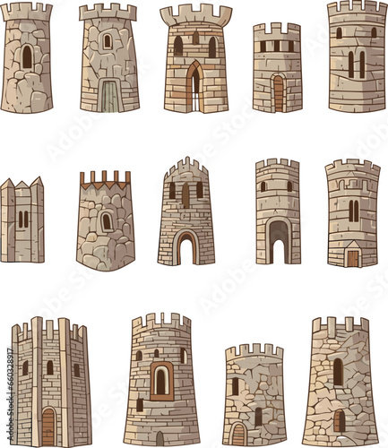 Fotografia Set of cartoon castles stone towers isolated monochrome icons