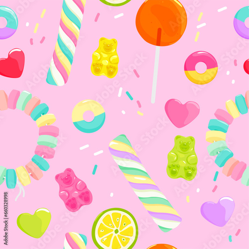 Colorful lollipops, gummy and jelly candy bears background. Seamless pattern. Vector illustration