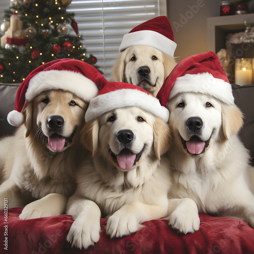 Cute fluffy dog puppy in red caps, against the background of a Christmas © bravissimos