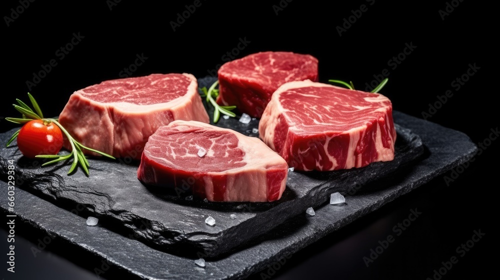 Raw meat for cooking steak on stone black plate on black background. Generative Ai